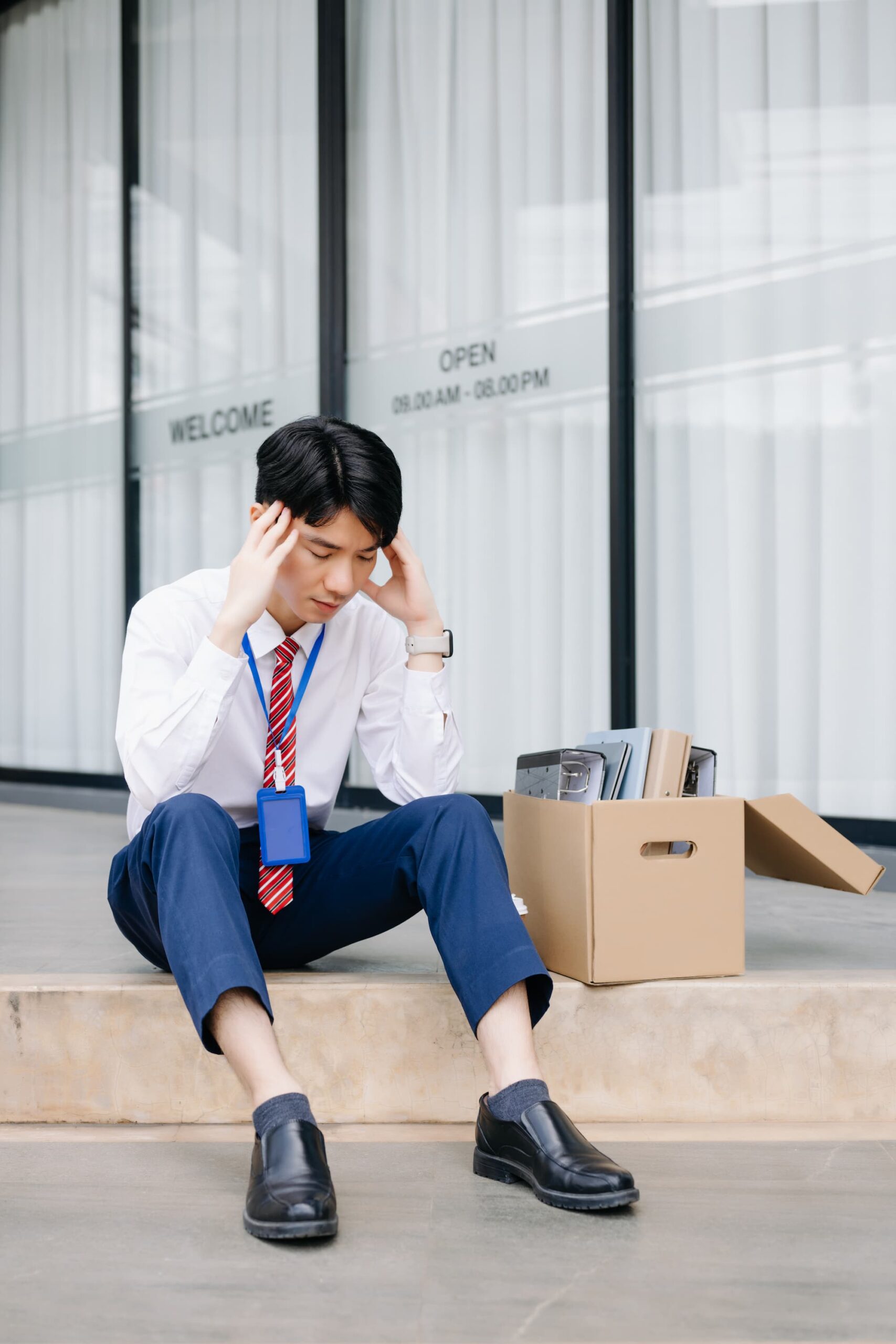 a man upset outside after losing his job
